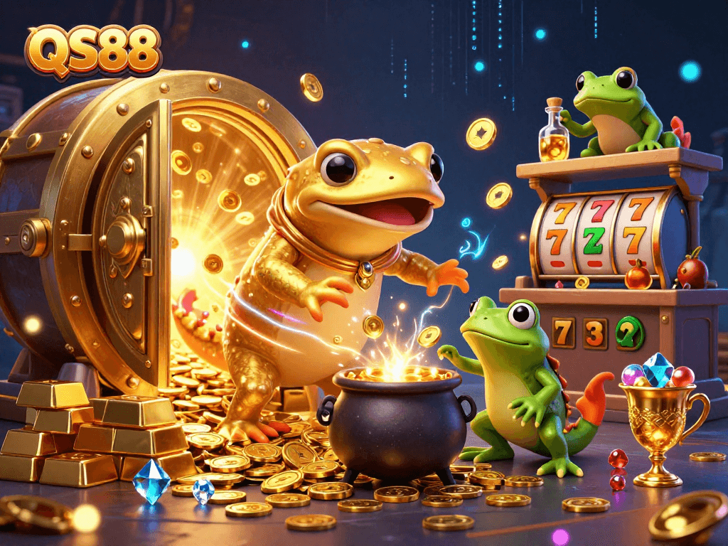 Play slots and win gold with QS88 in this vibrant 3D casino illustration featuring alchemists.