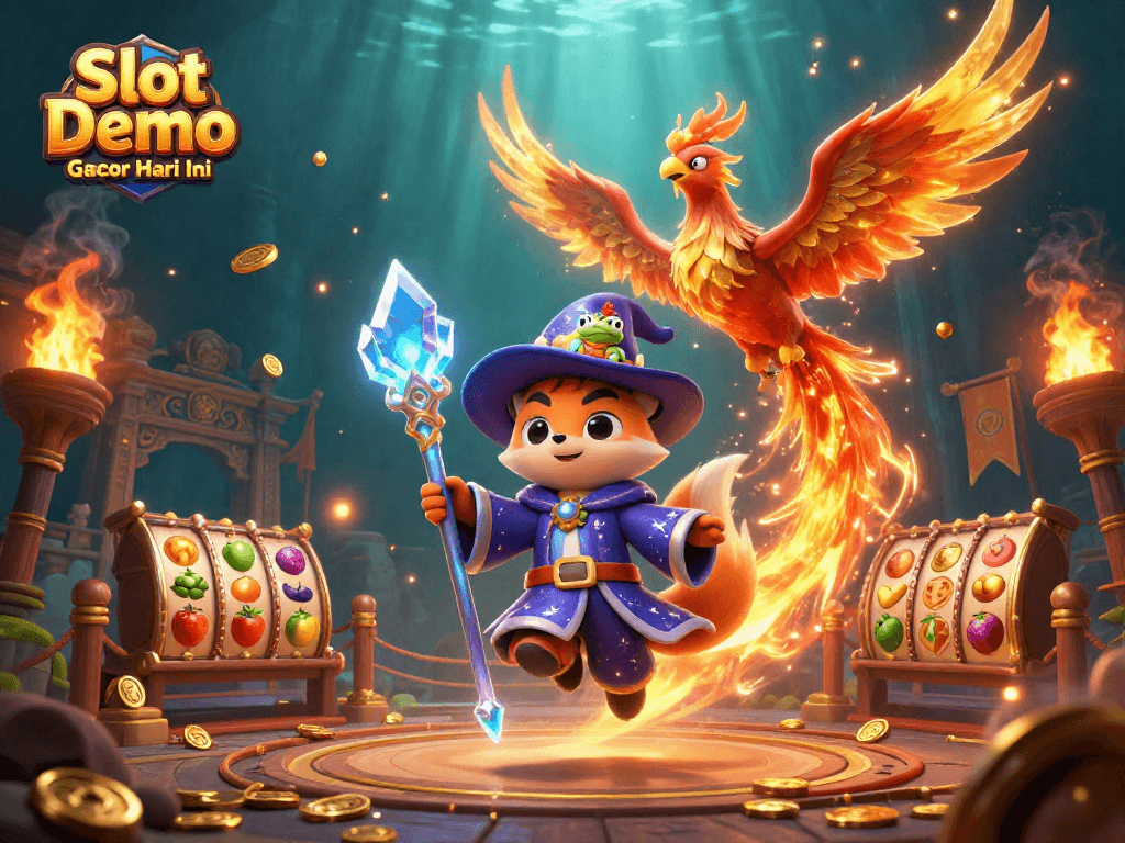 Spin Slot Demo Gacor Hari Ini with a mystical fox wizard and phoenix in a vibrant casino scene