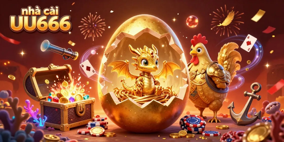 Engage with nhà cái UU666's thrilling games featuring a golden dragon and poker chip nest.