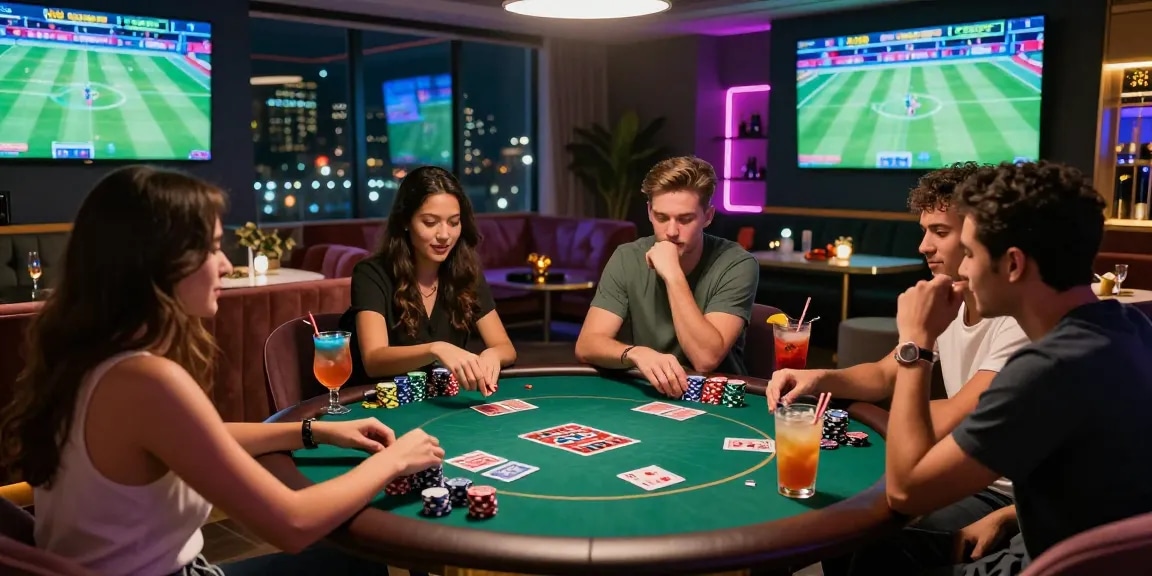 Friends enjoying an evening playing rokok88 super games in a stylish lounge.