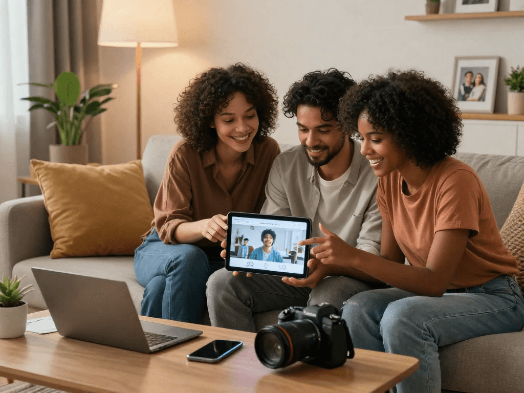 Couple exploring innovative sex AI technology together in a cozy setting