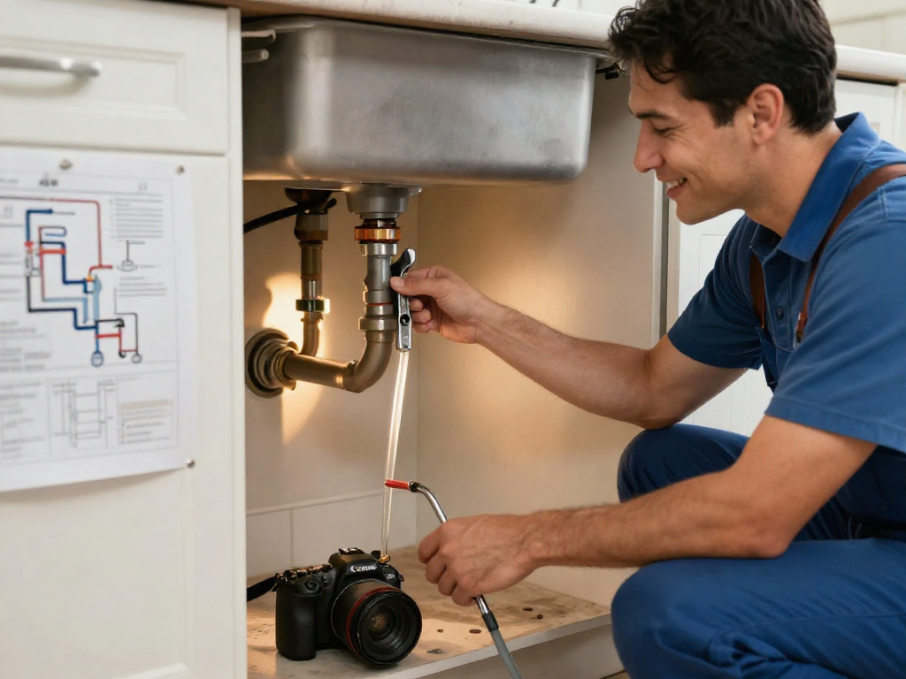 Professional plumber offering reliable rooter service Fort Worth to homeowner in a bright kitchen.