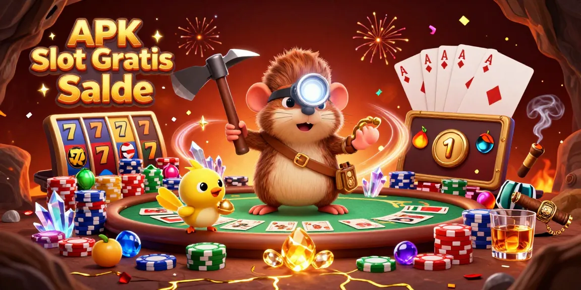 Play APK Slot Gratis Saldo with vibrant slot reels and treasure-filled scene for exciting wins.