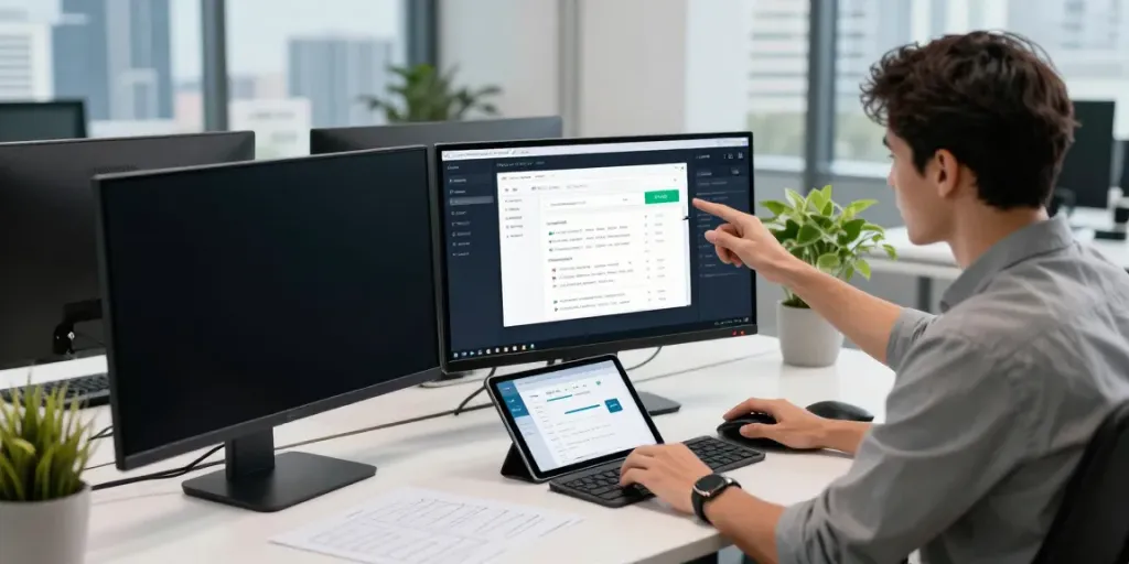 Developer showcasing instant indexing tools in a modern office setup.