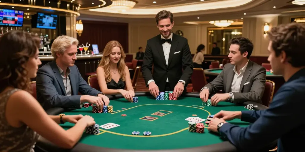 Engaging casino gaming scene at http://sin88-onl.com/ with diverse players at poker table.