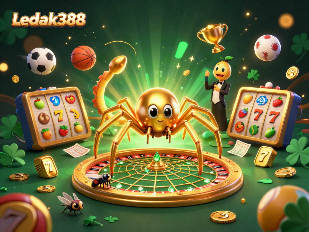 Betting at Ledak388 with a golden spider roulette theme and vibrant gaming elements.