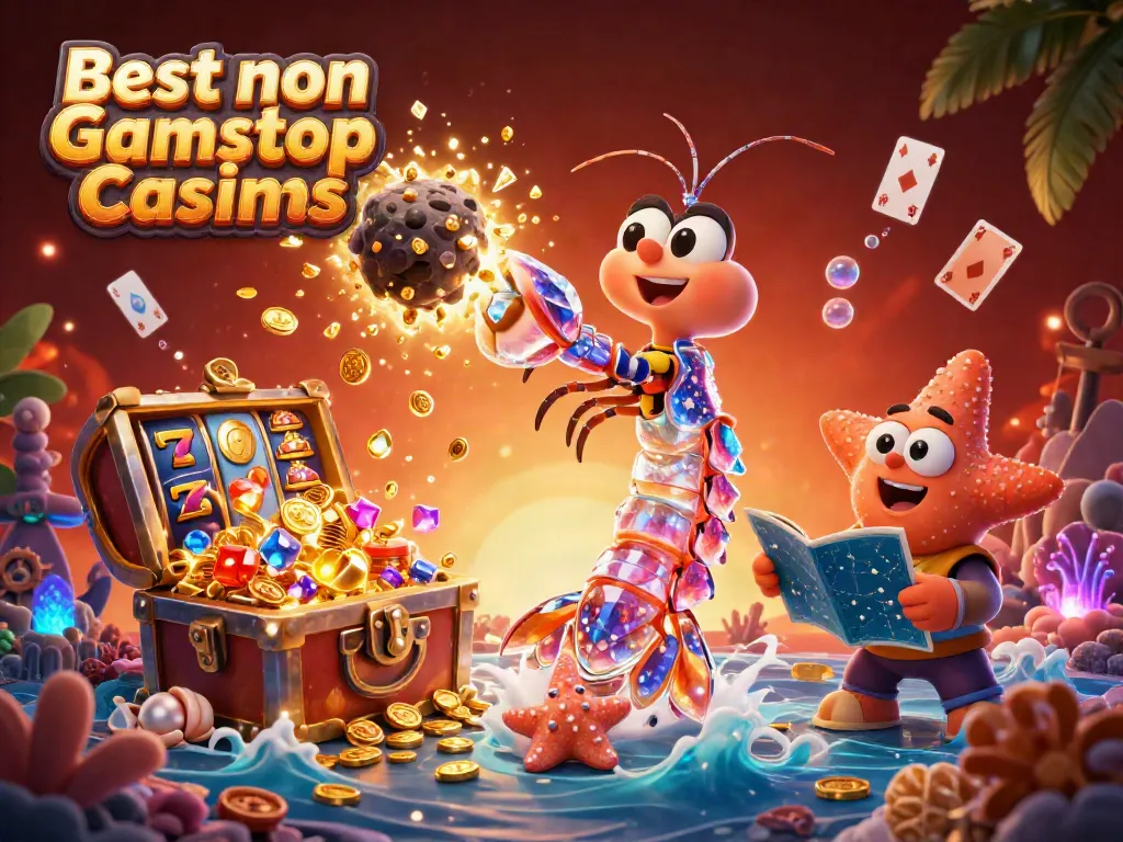 Engage with the Best non Gamstop Casinos featuring animated galactic shrimp and vibrant casino elements.