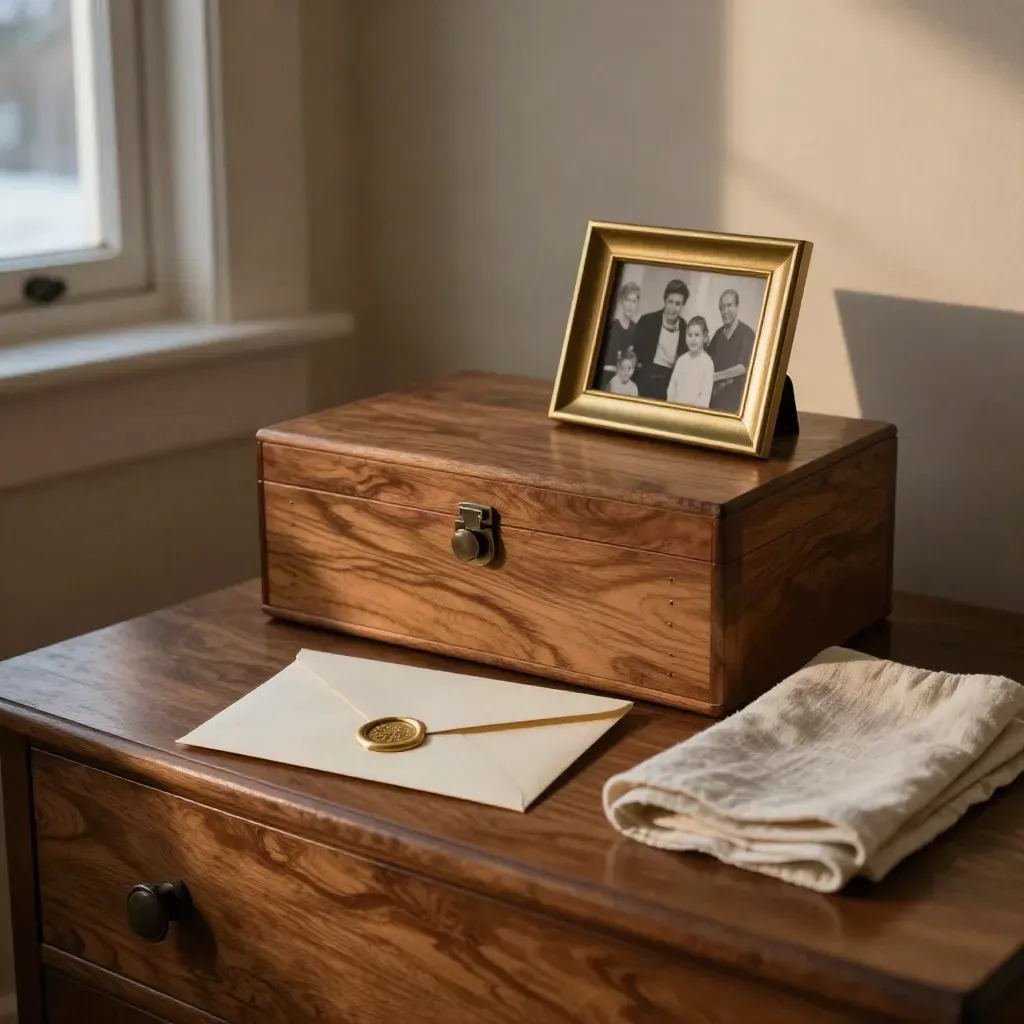 Will envelope, cedar box, photo frame and linen cloth on a bedroom chest at dusk.