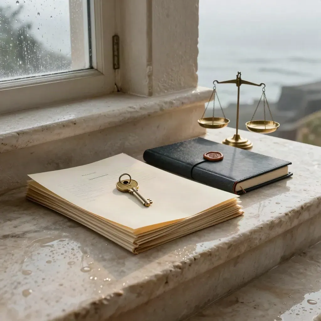 Legal case bundle with brass key, wax seal and scales on rain-dark stone, lit by soft morning light