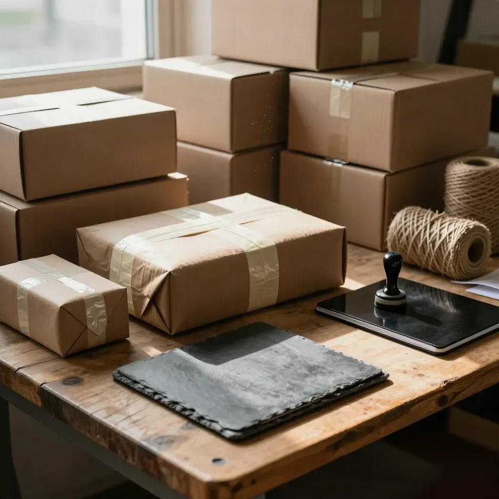 Packing bench with parcels, a document wallet, stamp and boxes in a small business storeroom.