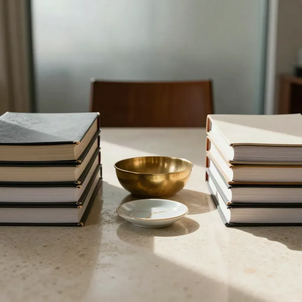Opposing legal folders on a travertine table beside brass and cracked ceramic objects