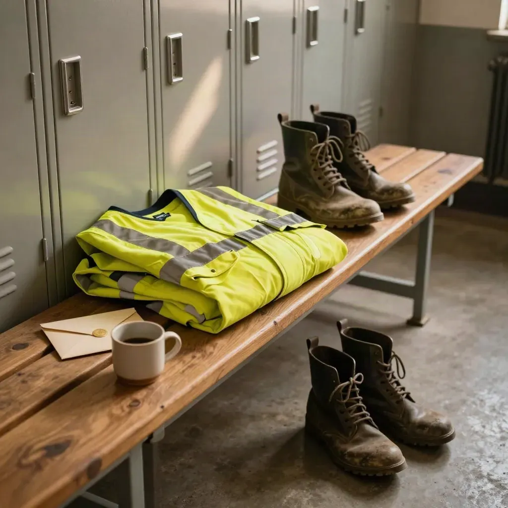 Locker-room bench with folded hi-vis workwear, boots, mug, and sealed envelope after shift