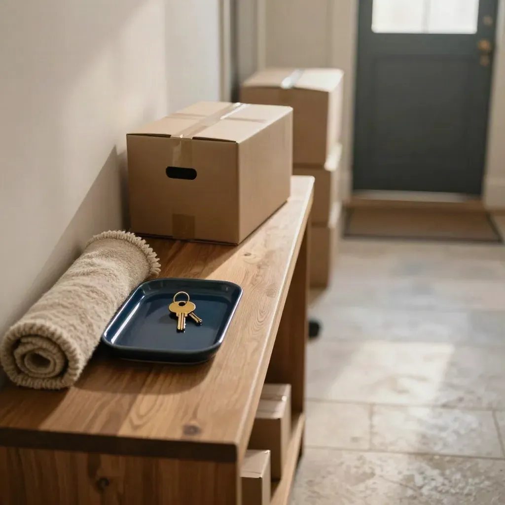 High-angle hallway console with keys, wool blanket and moving boxes by the front door.