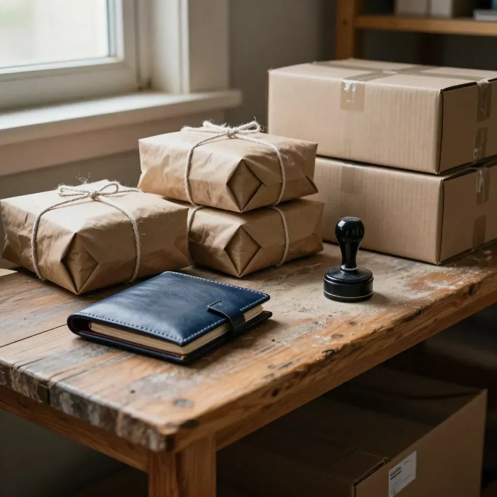 Legal parcels and shipping boxes on a warm warehouse packing bench in soft afternoon light.
