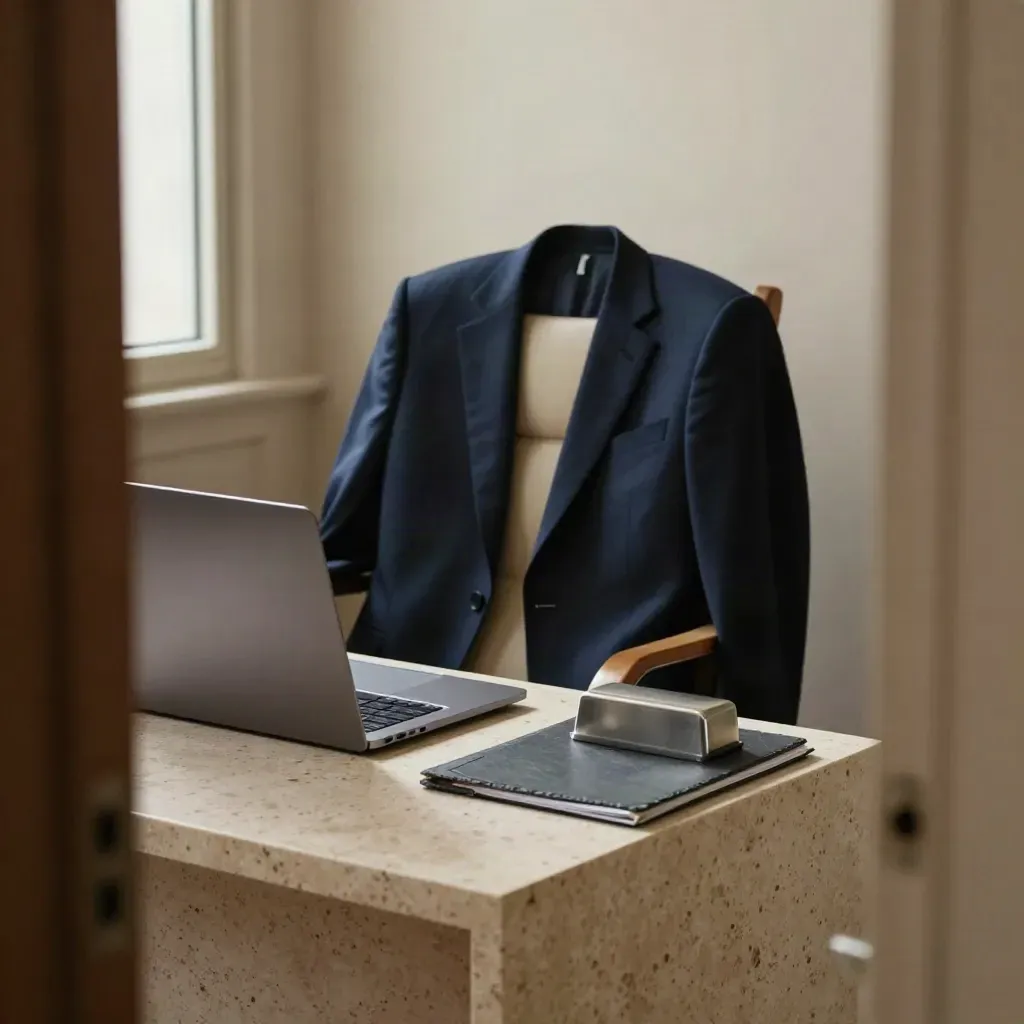 Quiet legal office corner with closed laptop, blazer, and employment folder in soft daylight.