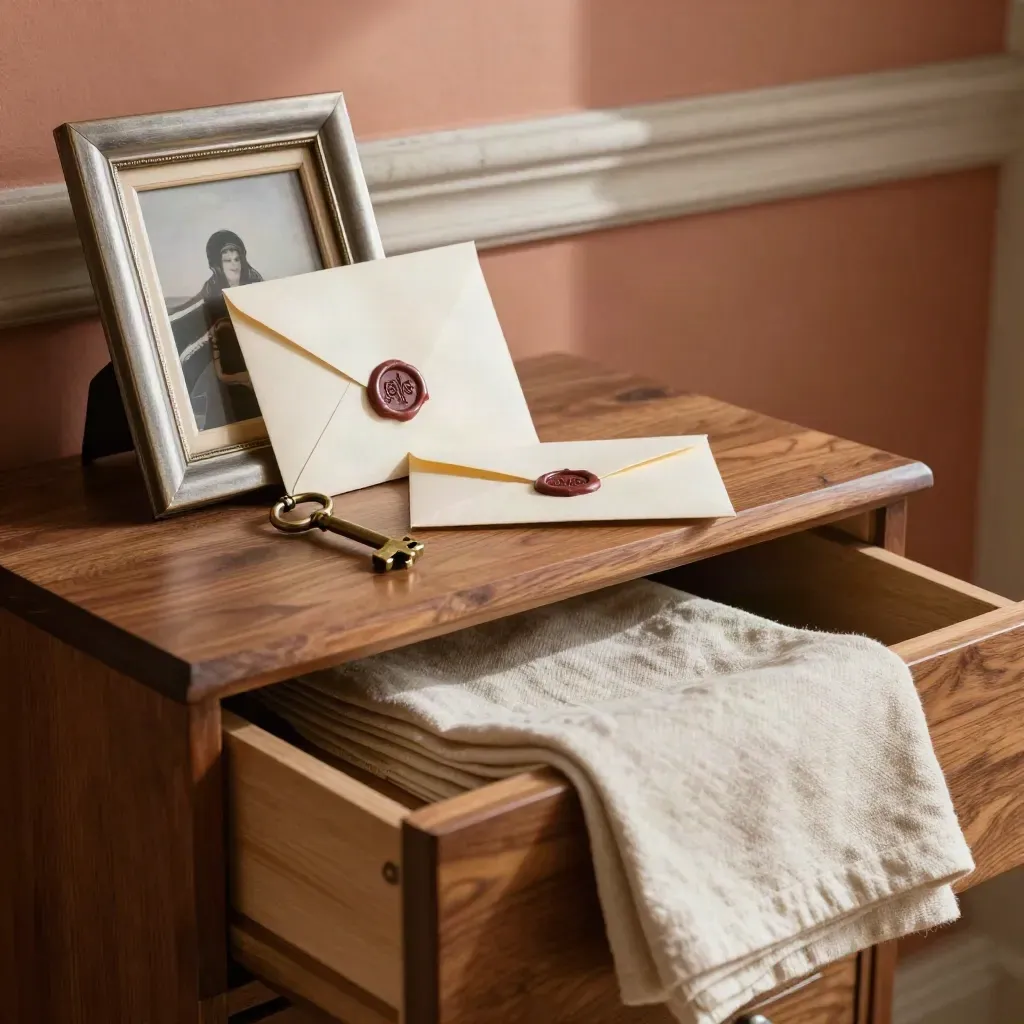 Bedside chest with safe key, wax seal, photo frame and linen as estate papers are tucked away.
