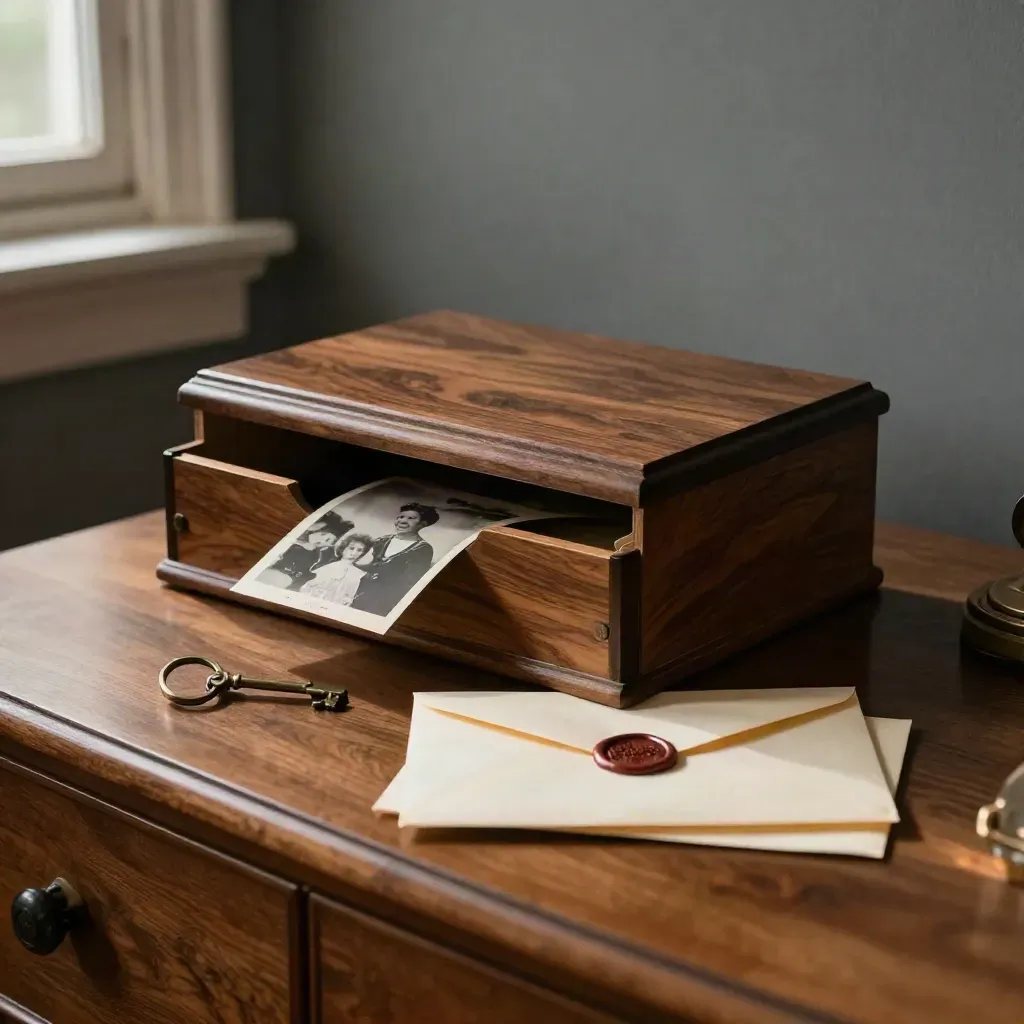 Cedar probate keepsakes on a bedroom bureau with photo and wax-sealed envelope