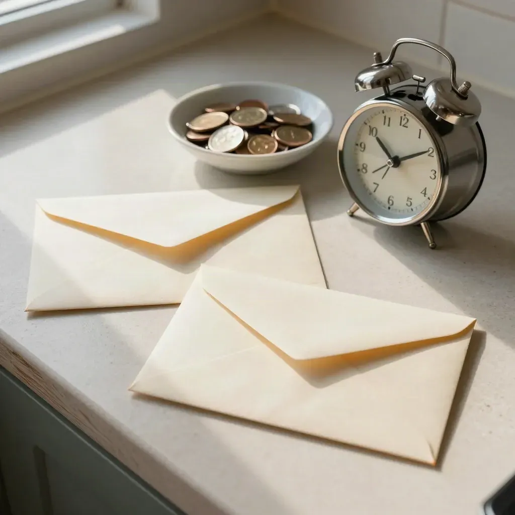 Overhead kitchen counter with unopened envelopes, a coin bowl and a small alarm clock at dawn.
