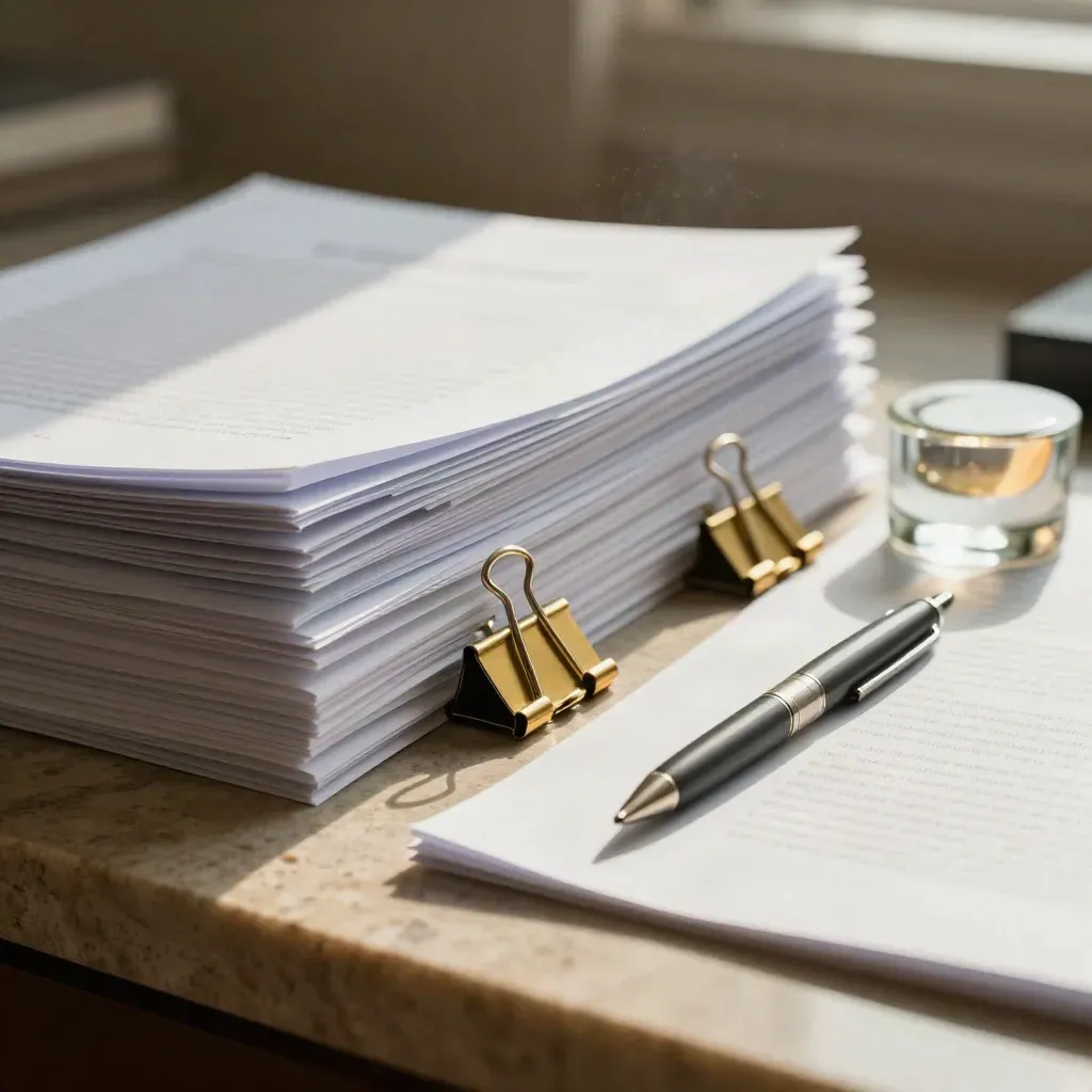 Legal files, brass clips, pen and paperweights on a warm stone desk edge.