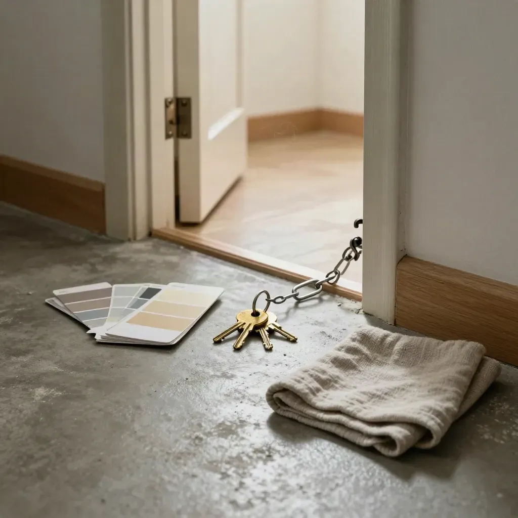 Hallway threshold with keys, door chain, paint swatches and folded cloth in soft daylight