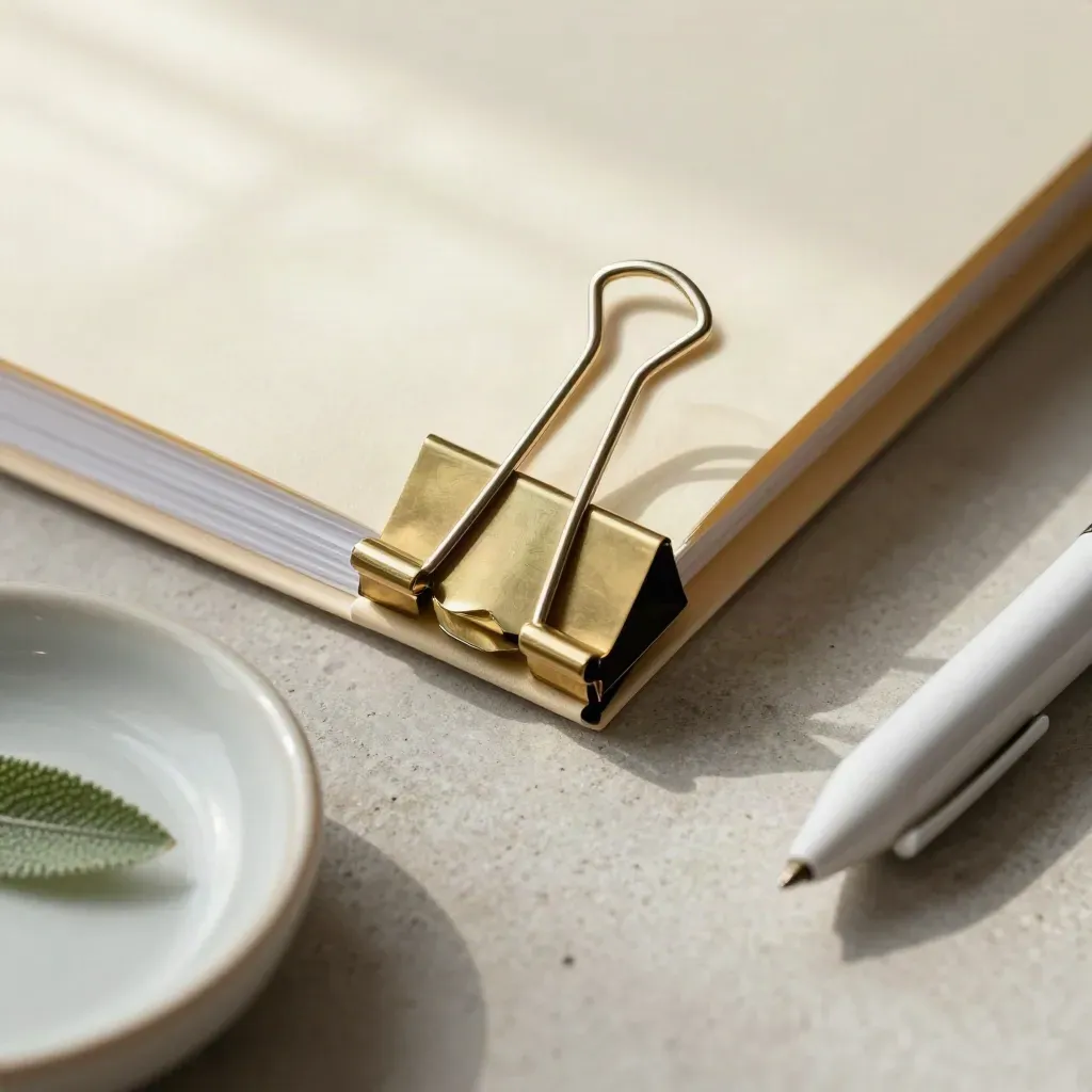 Brass binder clip on a cream file folder with dish, pen cap and blurred leaf.