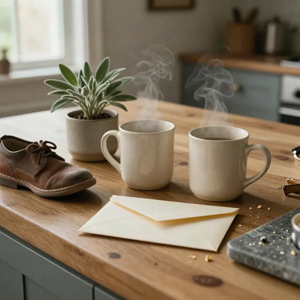 Kitchen island with steam, mugs, plant, sealed envelope and a child's shoe in warm light.