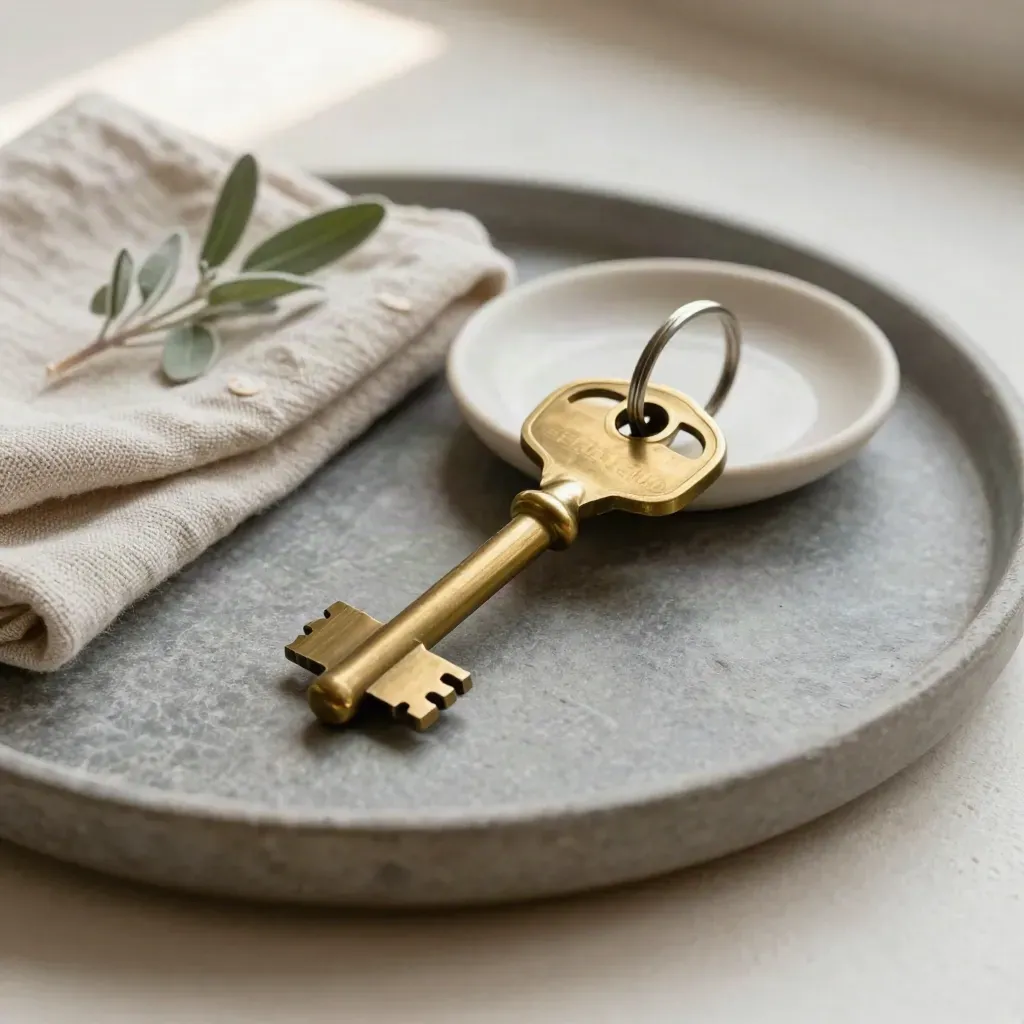 Brass house key in a ceramic dish with linen and a tiny plant on a stone tray