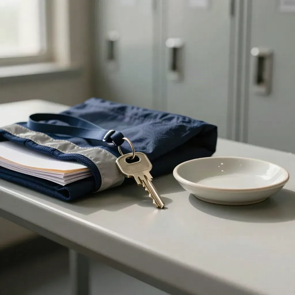 Locker key on navy lanyard beside hi-vis cuff and ceramic dish on pale ash bench.