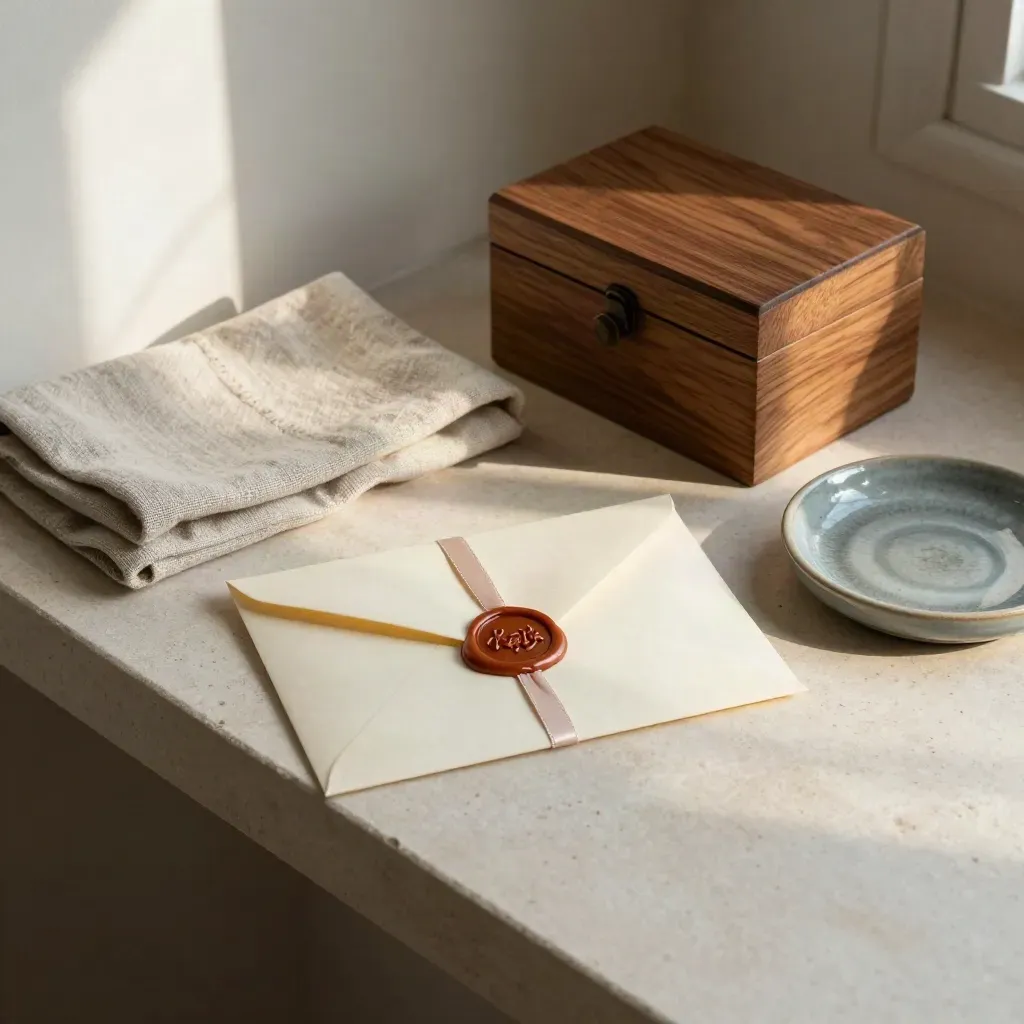 Wax-sealed envelope beside a cedar box, linen and ceramic dish on a stone shelf.