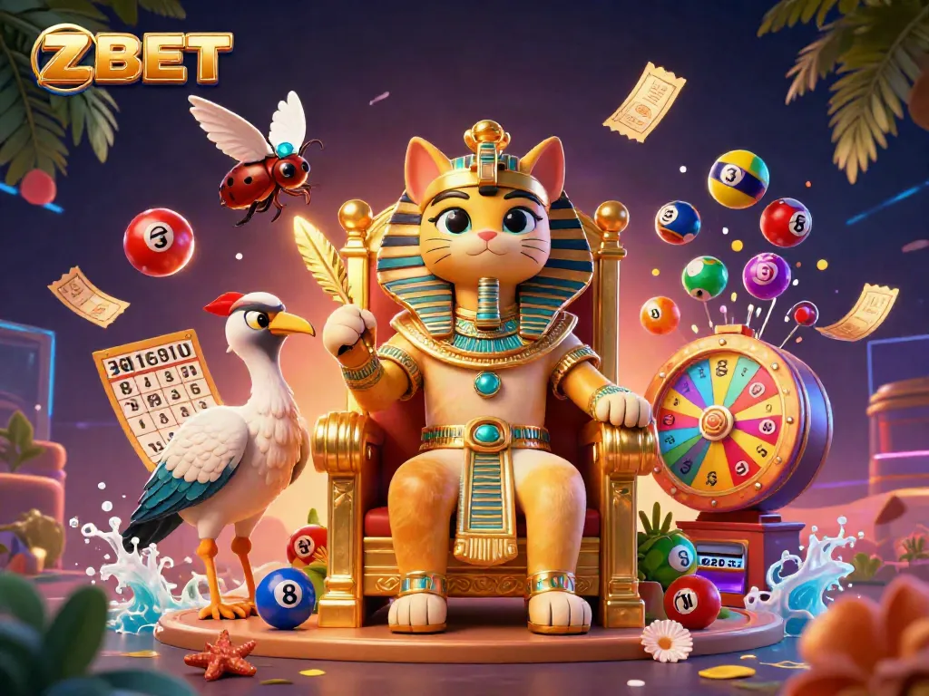 ZBET showcases a vibrant 3D digital illustration featuring a pharaoh cat, an ibis scribe, and dynamic gambling elements enhancing the gaming atmosphere.