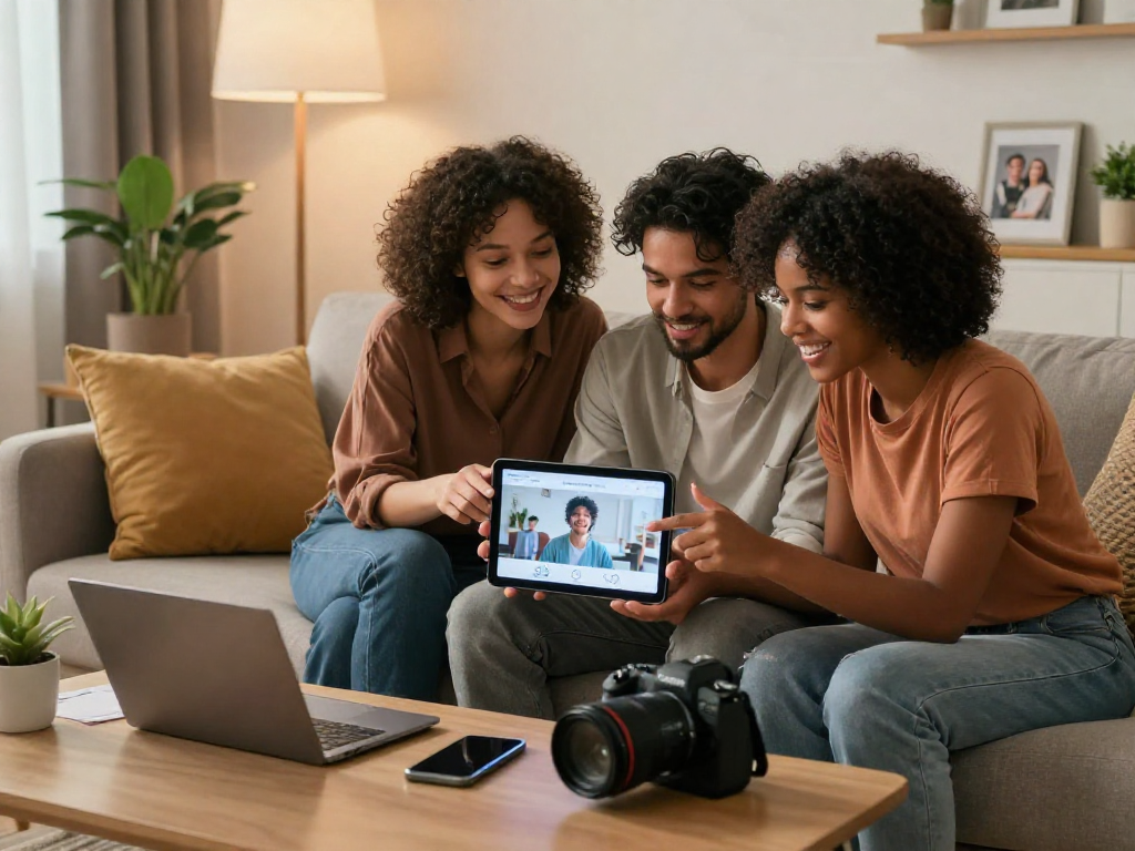 Couple exploring innovative sex AI technology together in a cozy setting