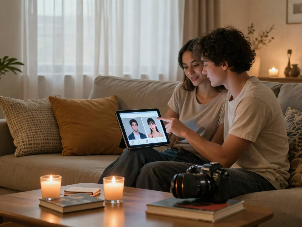 Couple exploring sex AI application in a cozy home setting