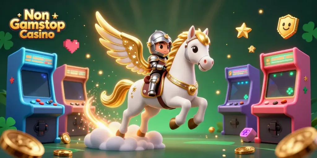 Engage with a Non Gamstop Casino adventure featuring a celestial horse and knight amidst vibrant gaming elements.