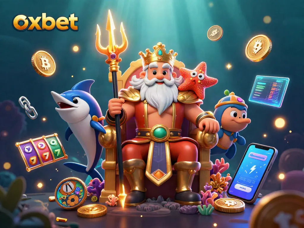 Engage with the thrilling world of Oxbet through immersive crypto casino illustrations featuring Neptune and vibrant game elements.