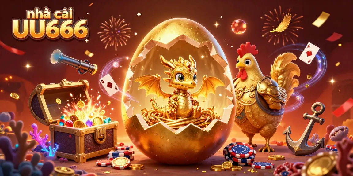 Engage with nhà cái UU666's thrilling games featuring a golden dragon and poker chip nest.