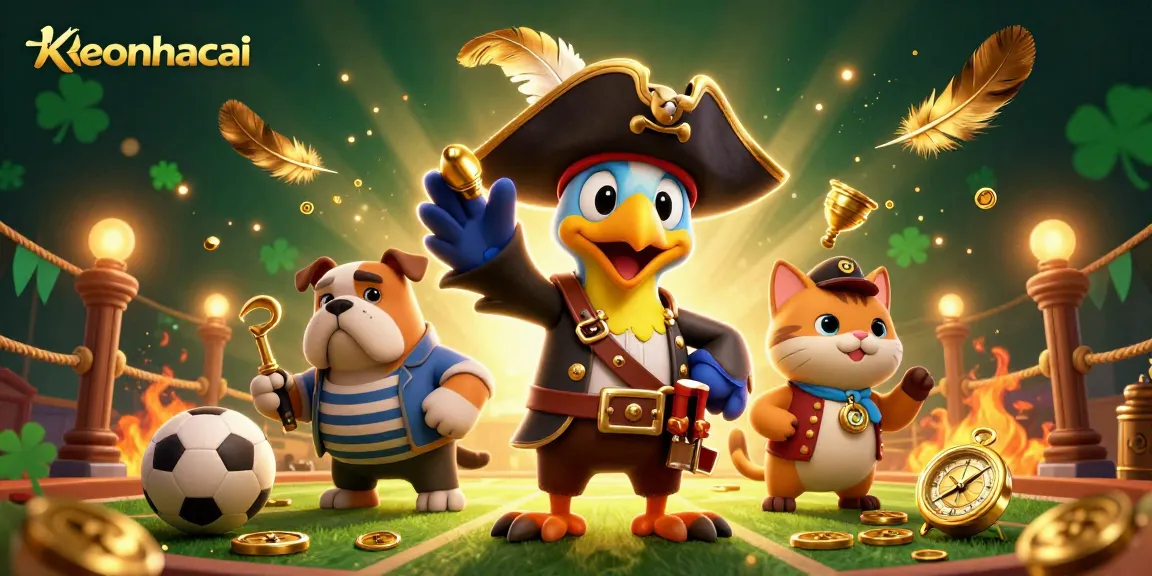 Join the keonhacai adventure with a pirate captain and bulldog, surrounded by sports betting tokens and trophies.
