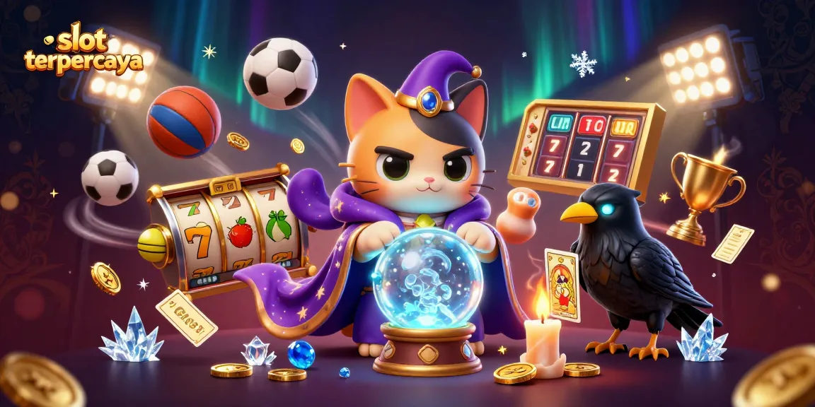 Experience top slot terpercaya action with a mystical cat and a tarot raven amidst a dynamic casino scene.