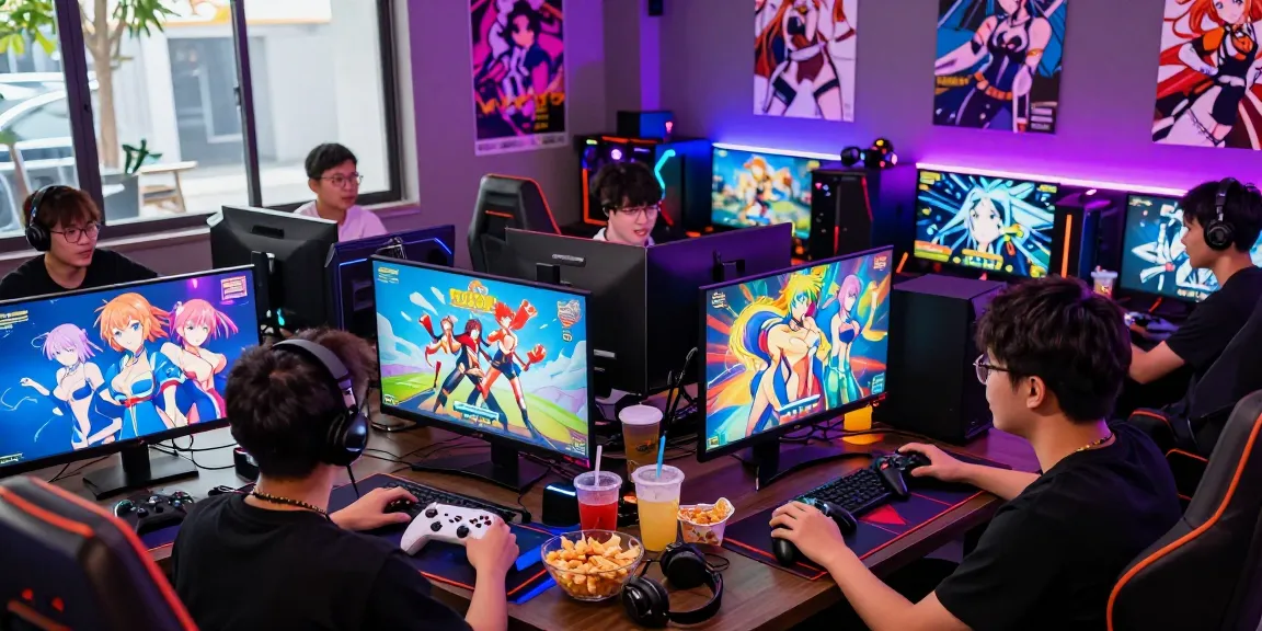 Group playing exciting hentai games in vibrant gaming lounge with colorful decorations.