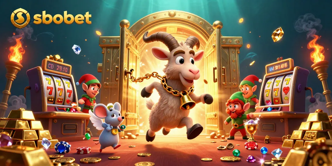 Sbobet holiday-horror casino scene featuring a Krampus goat, angel mouse, and gremlins in action.