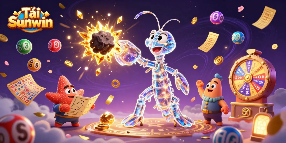 Tải Sunwin app to join the action in a vibrant 3D gambling-themed illustration featuring lottery balls and golden prizes.