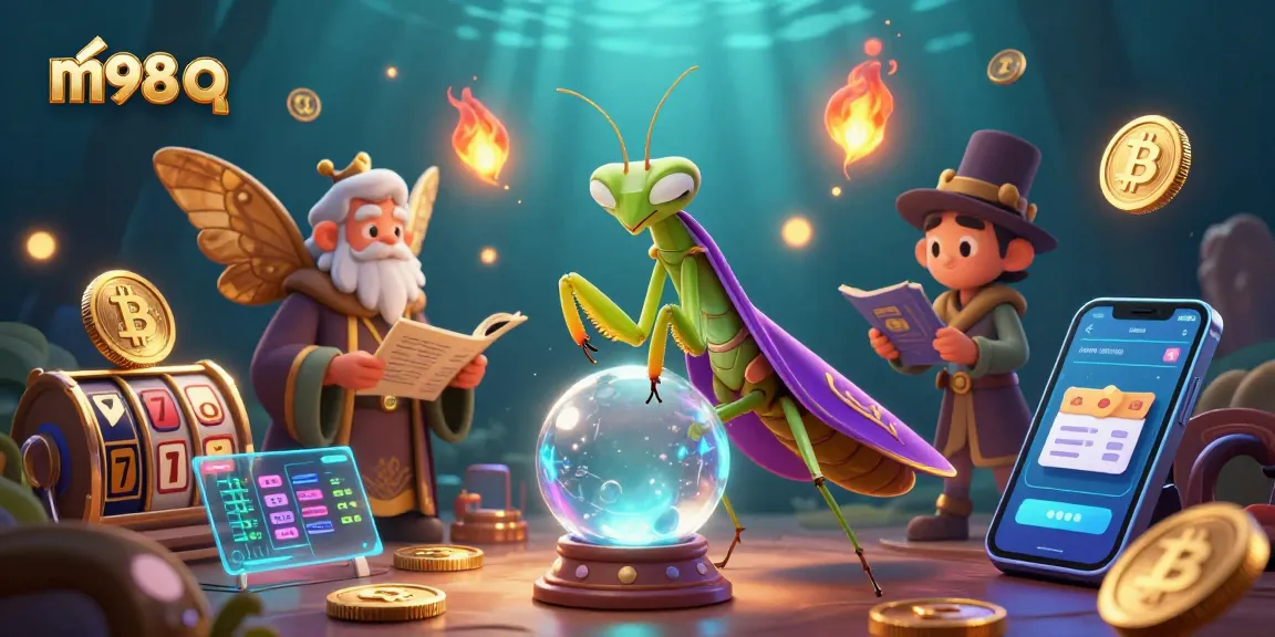 Engaging 3D scene of m98 q with a praying mantis fortune teller and a moth librarian surrounded by dynamic casino elements.