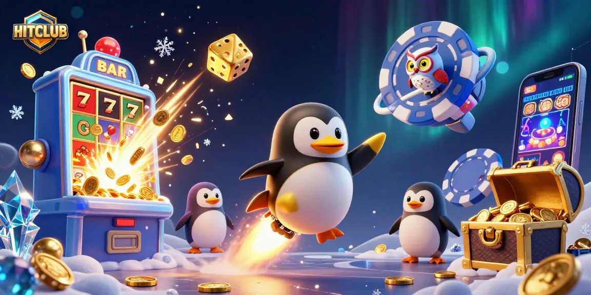 Experience thrilling casino adventures with HITCLUB as a penguin rockets towards a poker chip space station.