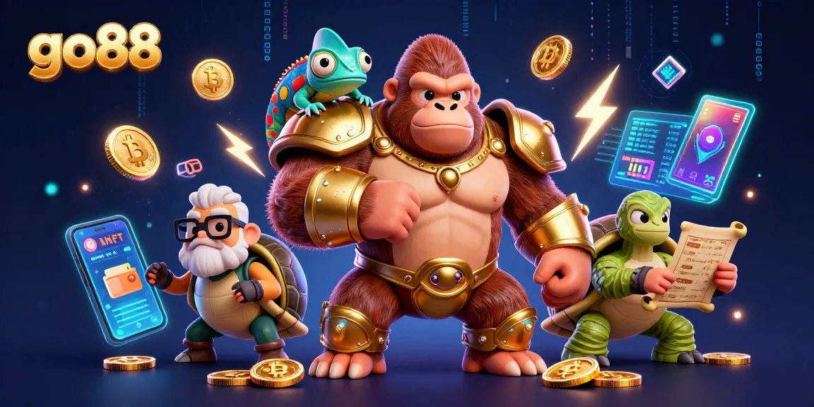 Engage in thrilling action at go88 with a powerful gorilla king and symbolic elements of cryptocurrency gambling.