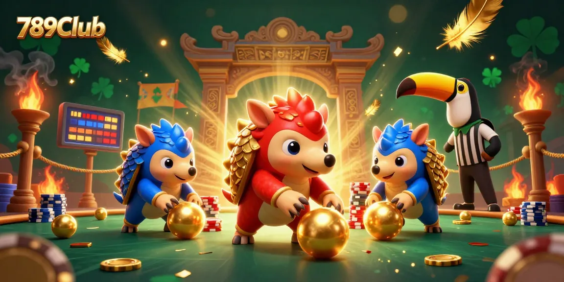 Engage in thrilling gameplay at 789Club with animated pangolins and poker chips.