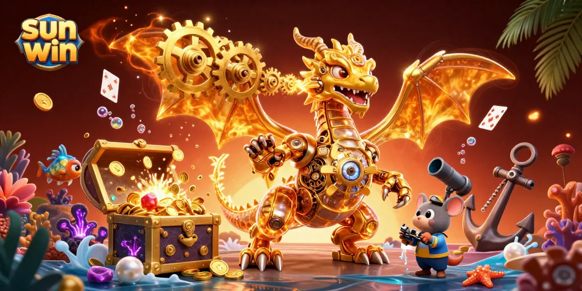 Experience the thrill of sun win with a biomechanical dragon and treasure-laden gems in an exciting casino scene.