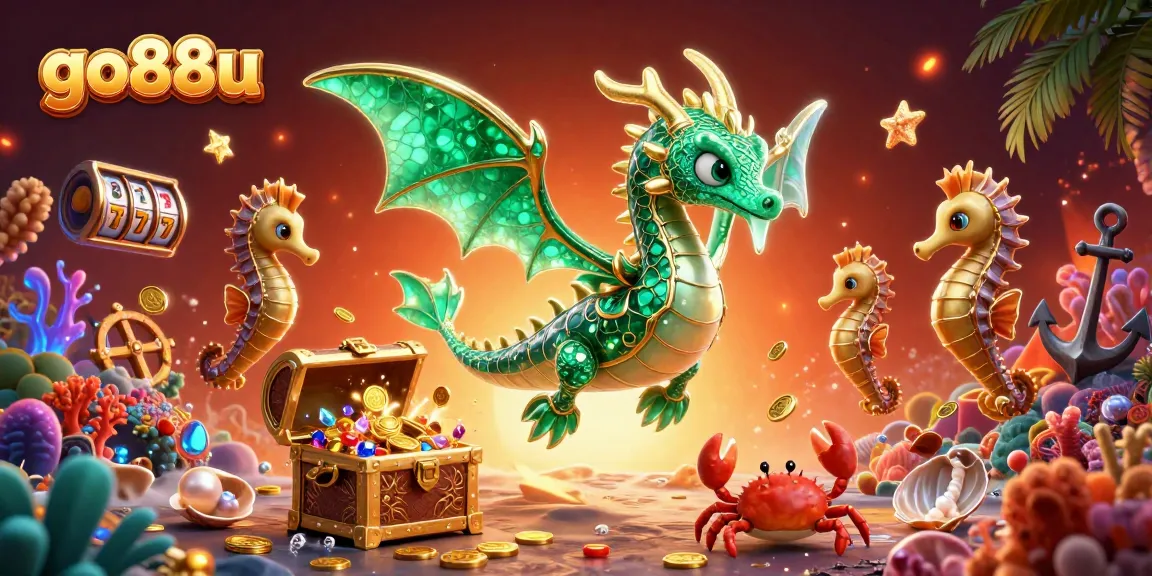 Engage with go88u's vibrant treasures as a sea dragon and royal seahorses explore magical underwater slots.