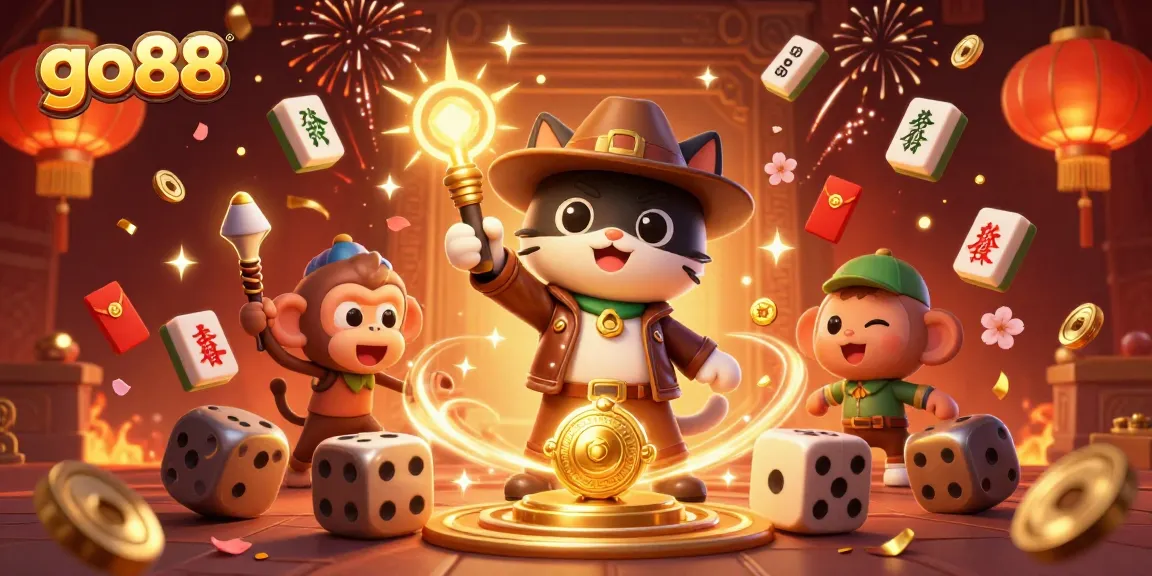 Explore the go88 gaming world with a vibrant 3D scene of an explorer cat and monkey companion discovering treasures.