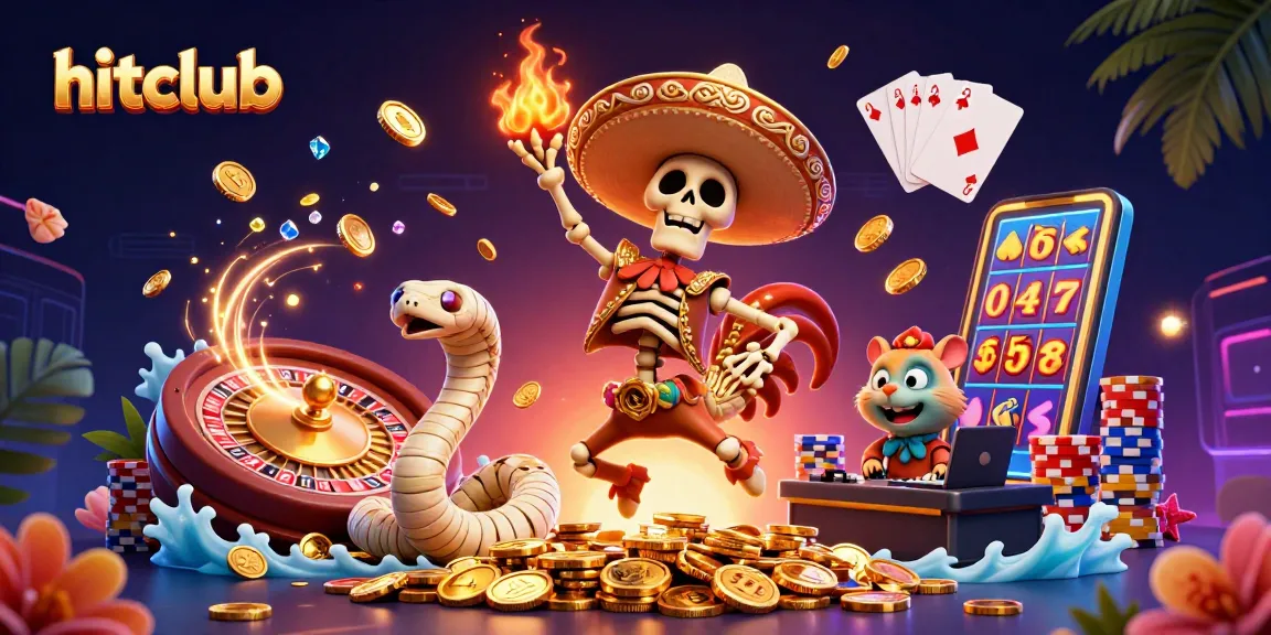 Experience the thrill of hitclub with vibrant characters celebrating wins amidst cascading coins and a lively casino atmosphere.