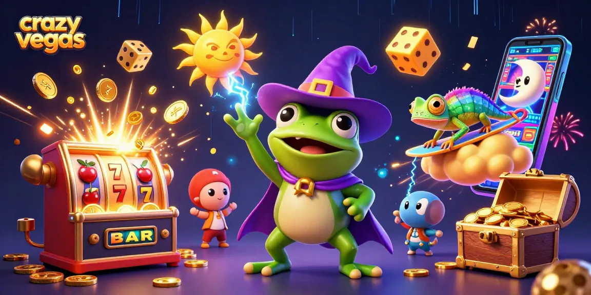 Win big with crazyvegas: A vibrant 3D casino scene featuring a wizard frog and chameleon amidst gold coins.